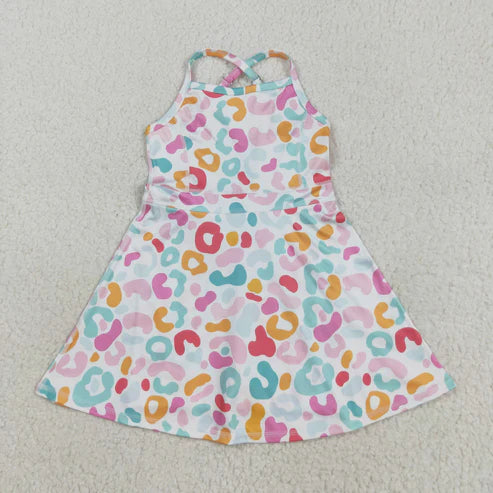 8.12 GSD2645 Baby Girls Strap Pink Green Leopard Shorts Knee Length Dress