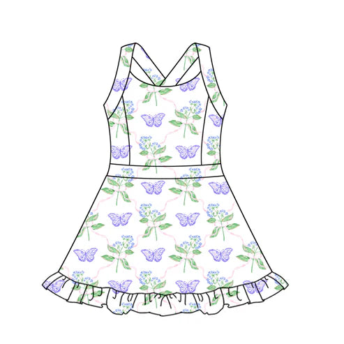 5.10 GSD2571 Baby Girls Strap Lavender Butterfly Flowers Activity Wear Yoga Knee Length Dresses Preorder