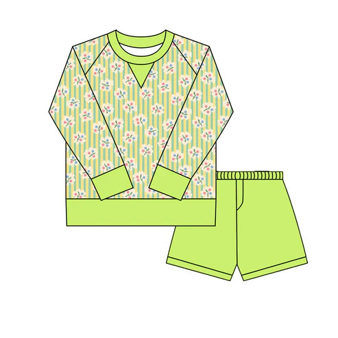 10.18 GLS0025 Baby Girls Green Stripe Flowers Long Sleeve Top Shorts Yoga Clothes Sets Preorder