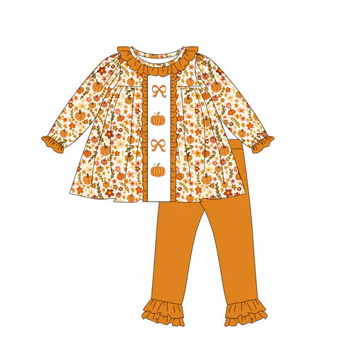 5.20 GLP2361 Baby Girls Long Sleeves Bows Pumpkins Floral Tunic Ruffle Pant Set Preorder