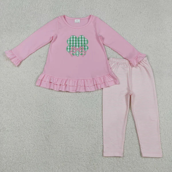 12.13 GLP2210 Embroidery Bow Clovers Baby Girls Tunic Stripe Leggings St Patrick Clothes Set