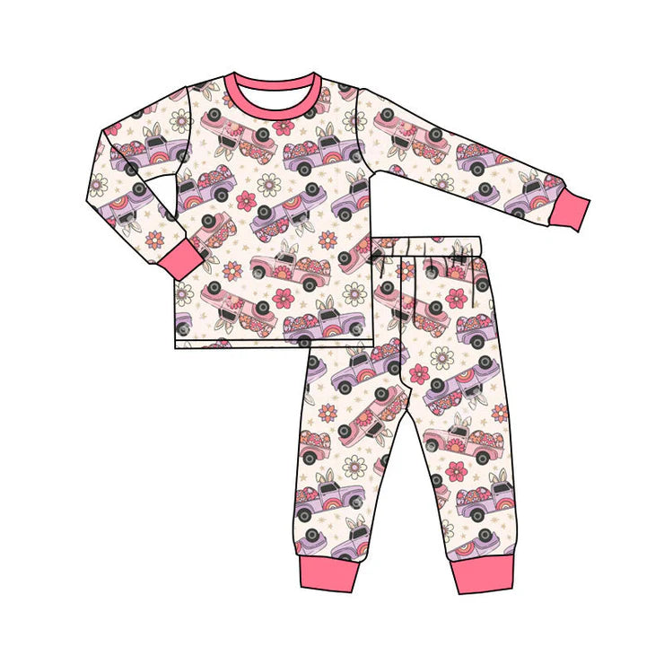 11.19 MOQ:5pcs GLP3169 pre-order toddler girl clothes rabbit car print girl easter pajamas set