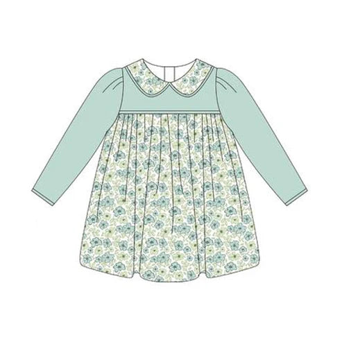 6.7 GLD1087 Baby Girls Aqua Long Sleeves Flowers Plaid Knee Length Dresses Preorder