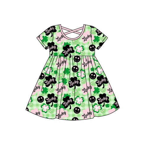 10.1 GSD2840 Baby Girls Green Checked Clovers Lucky St Patrick Knee Length Dresses Preorder