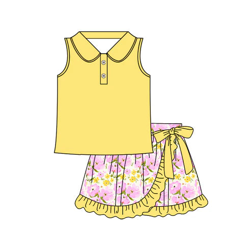 4.10 GSD2365 Baby Girls Yellow Sleeveless Button Top Floral Ruffle Skirts Sets Preorder