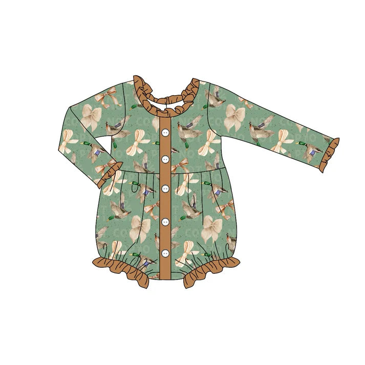 6.11 LR1950 Baby Infant Girls Ducks Bows Brown Rompers preorder