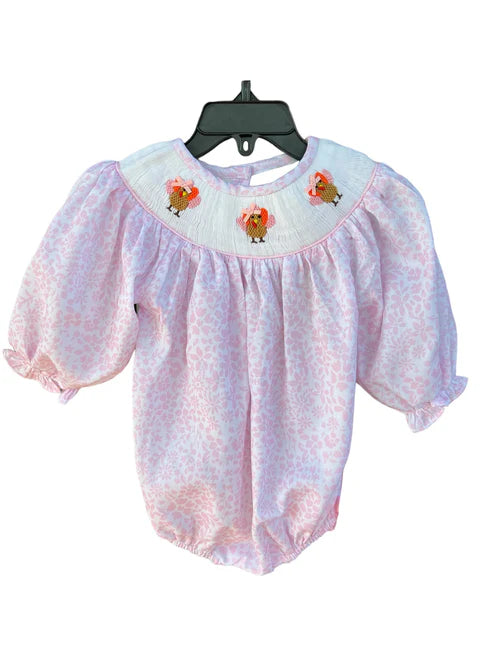 3.29 LR2184 Baby Infant Girls Pink Long Ruffle Sleeves Floral Turkey Smocked Rompers Preorder