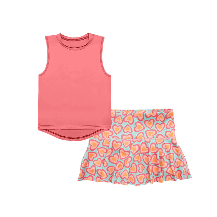 6.18 GSD2535 Baby Girls Peach Sleeveless Vest Top Hearts Skirts Yoga Activity Set Preorder