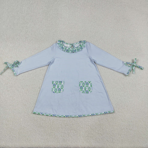 9.24 GLD0927 Baby Girls Stripes Green Flowers Pockets Knee Length Dress