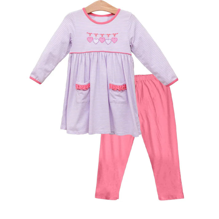 9.27 GLP2906 Baby Girls Hearts Lavender Stripe Pockets Tunic Leggings Valentine Clothes Sets Preorder