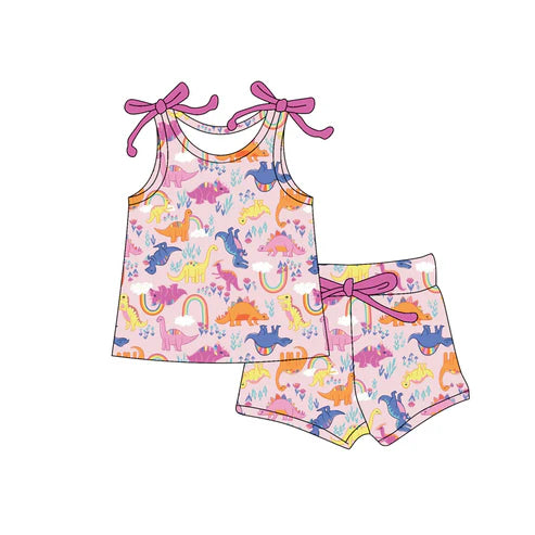 4.23 GSSO2580 Baby Girls Pink Sleeveless Colorful Dinosaurs Top Short Set Preorder