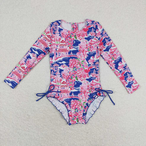 S0376 Flower scenery blue pink zipper long-sleeved one-piece swimsuit