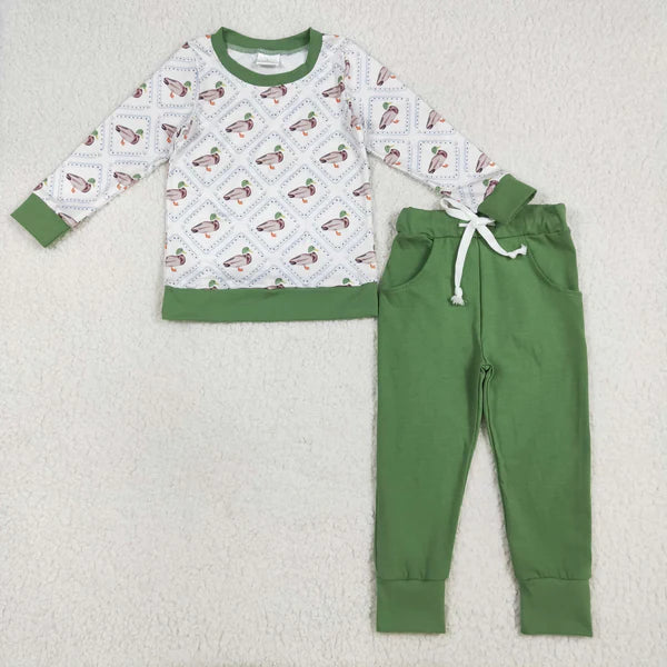 8.2 BLP1071 Baby Boys Long Sleeves Green Ducks Plaid Top Pockets Legging Pant Set