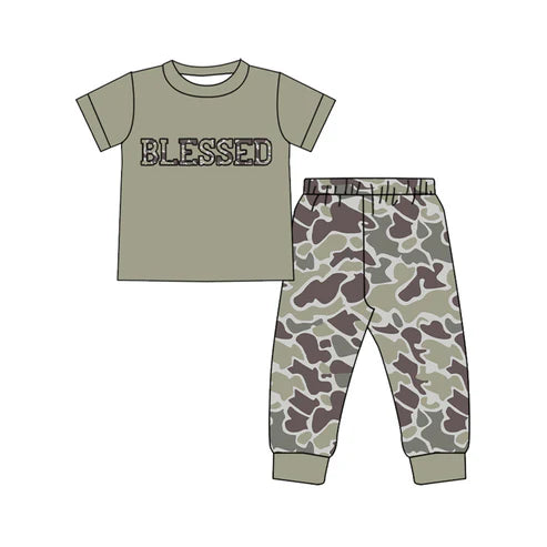 10.20 BSPO0605 Baby Boys Blessed Top Dark Grey Camo Pants Southern Clothes Sets Preorder