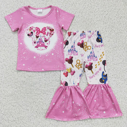 4.22 RTS NO MOQ GSPO0251 Kids Clothing Girls Short Sleeve Top And Long Pants Cartoon Print