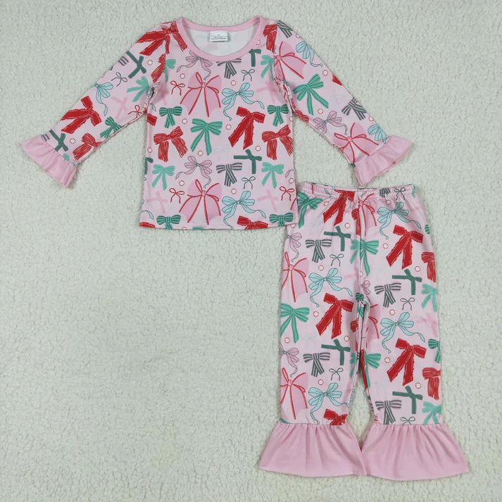 8.16 GLP2413 Baby Girls Pink Long Ruffle Sleeves Colorful Bows Top Pant Pajamas
