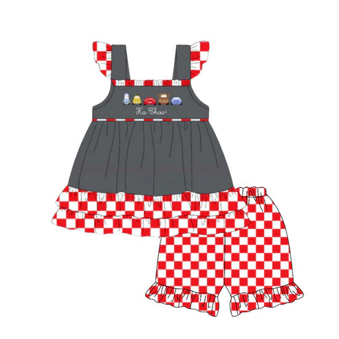 4.9 GSSO2493 Baby Girls Cartoon Cars Tunic Red Plaid Short Set Preorder