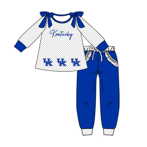 10.15 Custom Moq 8 Baby Girls Bows Kentucky Team Long Sleeve Top Pants Clothes Set