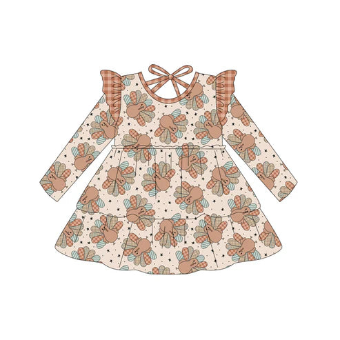 7.28 GLD1217 Baby Girls Long Sleeves Turkey Stars Plaid Knee Length Dresses Preorder