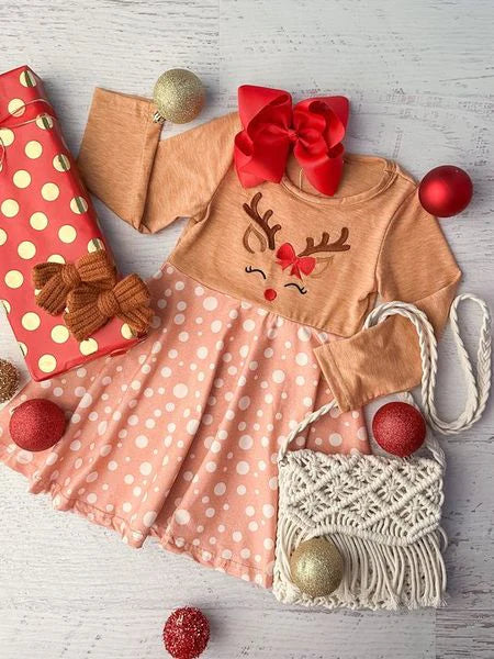 5.26 GLD0894 Baby Girls Christmas Reindeer Knee Length Dresses Preorder
