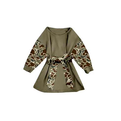 9.19 GLD1303 Baby Girls Olive Camo Long Sleeve Belt Western Knee Length Dresses Preorder