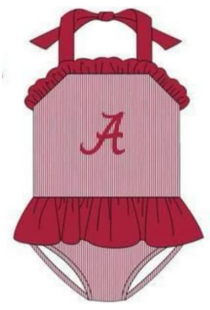 5.14 Girls team custom red striped halter swimsuit