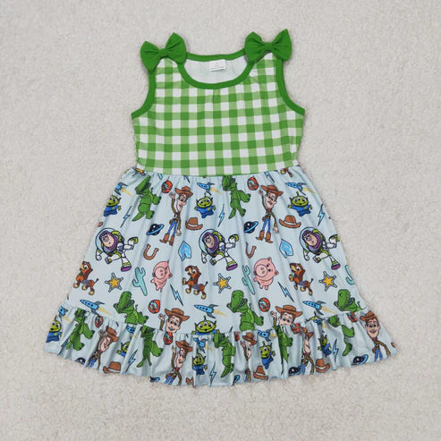 4.1 GSD2107 Baby Girls Green Checkered Toy Western Bows Knee Length Dress