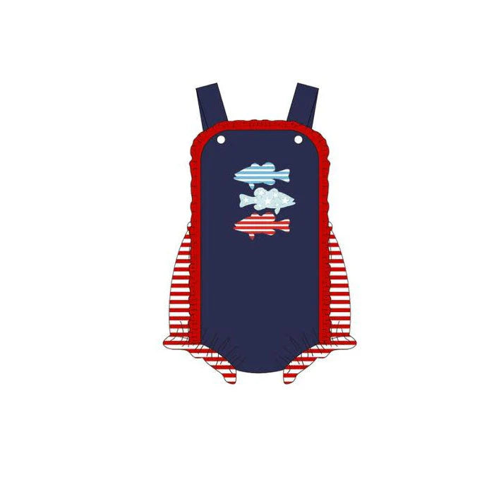 12.5 MOQ:5pcs SR3707 pre-order baby girl clothes fishing print girl 4th of July summer bubble