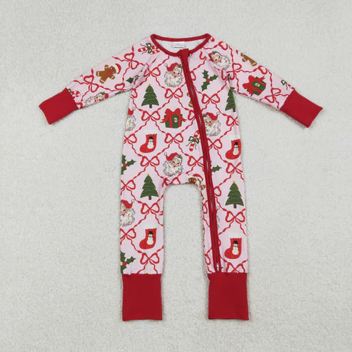 10.31 Mama and Me Bows Santa Socks Checked Top Pants Christmas Pajamas Sets Zipper Rompers