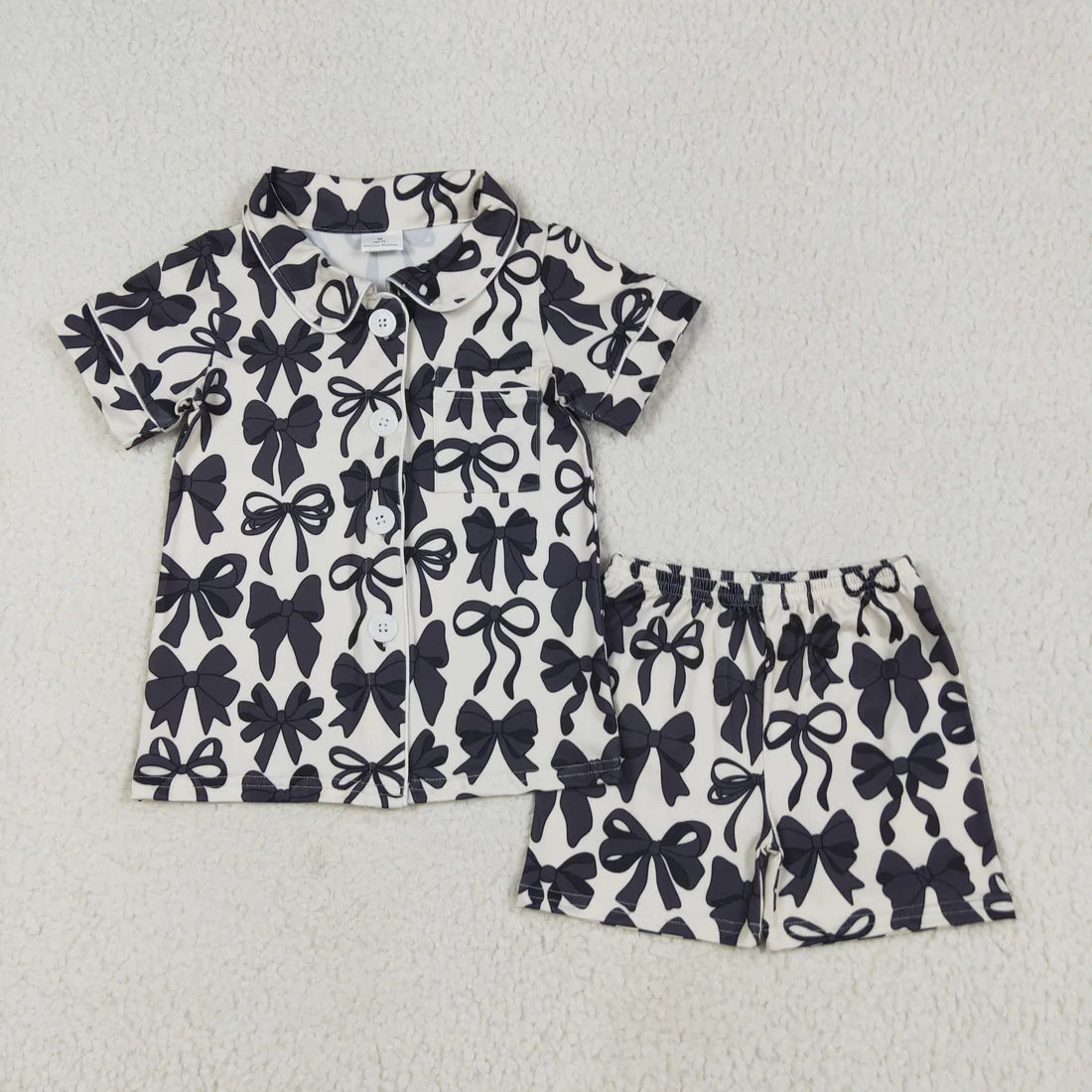 6.26 GSSO2663 Baby Girls Short Sleeves Black Bows Button Pocket Top Short Pajamas Set