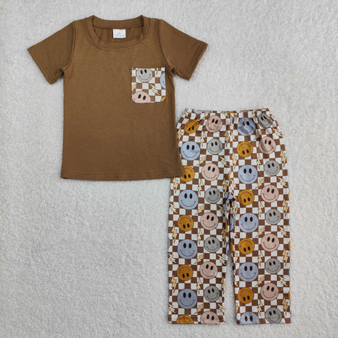 3.10 BSPO0425 Baby Boys Brown Smile Pocket Tops Pants Outfits Clothes Set