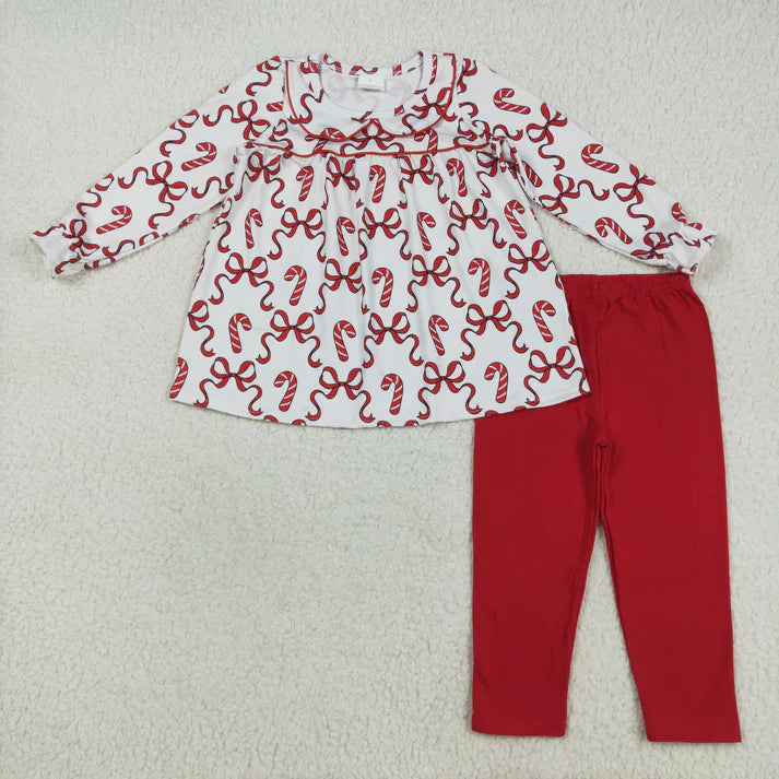 8.15 GLP2484 Baby Girls Long Ruffle Sleeves Red Bows Candy Cane Plaid Tunic Legging Pant Set
