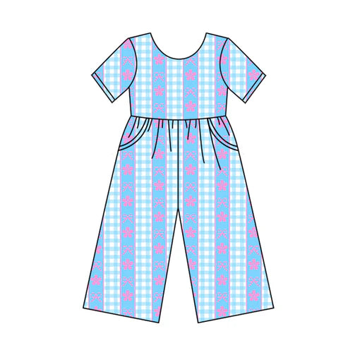 6.6 SR3146 Baby Girls Short Sleeves Blue Stripe Bows Flowers Pockets Pant Jumpsuits Preorder