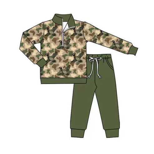 9.9 Custom Moq 5 Baby Boys Green Camo Ducks Zipper Pullover Pockets Jogger Western Clothes Sets