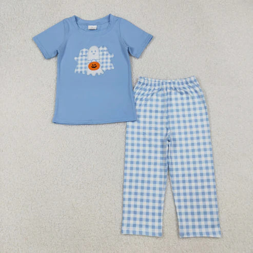 9.19 BSPO0581 Embroidery Baby Boys Ghosts Pumpkins Top Plaid Pant Halloween Set