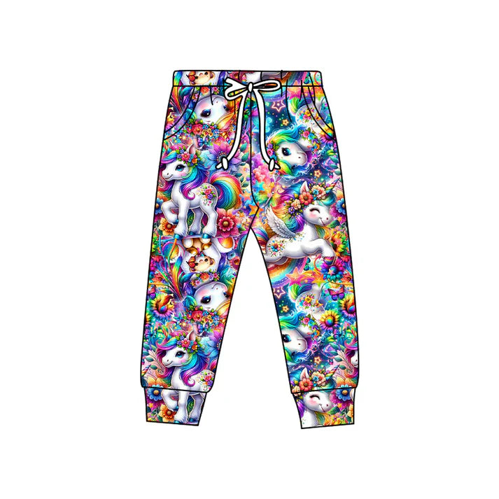 8.20 Custom Moq 5 Baby Kids Cartoon Horses Floral Jogger Pants