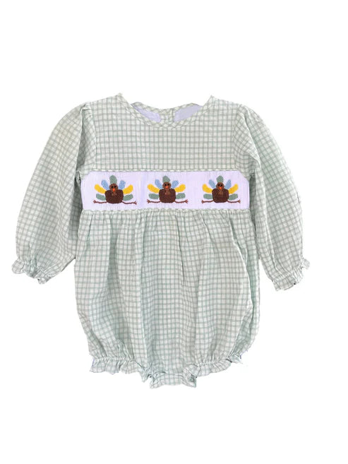 3.29 LR2182 Baby Infant Girls Aqua Plaid Long Ruffle Sleeves Turkey Smocked Rompers Preorder