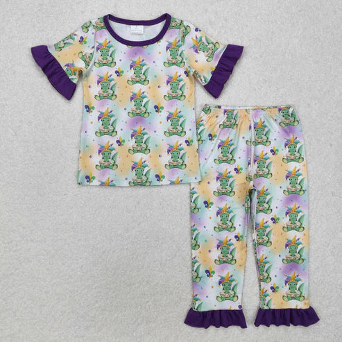 3.14 GSPO1766 Baby Girls Mardi Gras Crocodile Shirt Pants Pajamas Clothes Set