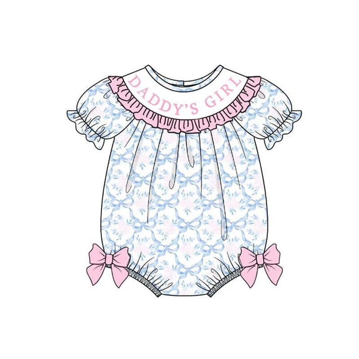 3.22 SR2944 Baby Infant Girls Short Ruffle Sleeves Blue Bows DADDY'S GIRL Ruffle Rompers Preorder