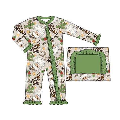 7.29 R2451 Baby Girls Long Sleeves Santa Cactus Ruffle Zipper Pant Rompers Preorder