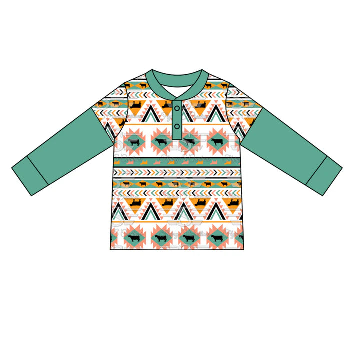 6.11 BT0924 Baby Boys Western Aztec Cow Long Sleeve Tee Shirts Tops Preorder
