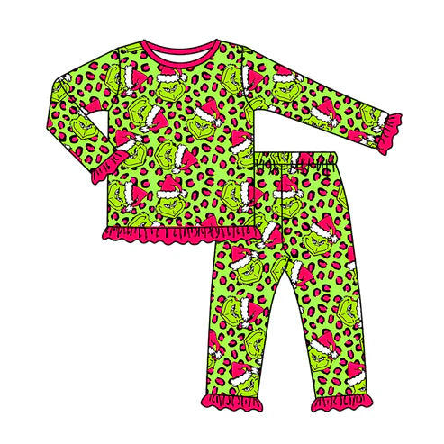 8.8 GLP2671 Baby Girls Green Face Leopard Top Ruffle Pant Christmas Pajamas Set Preorder