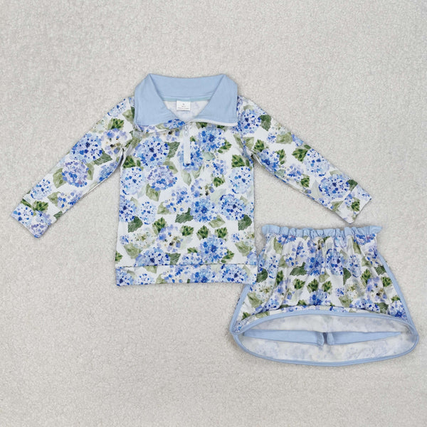 3.19 GLD1016 Baby Girls Blue Flowers Athletic Active Wear Top Shorts Skirts Clothes Sets