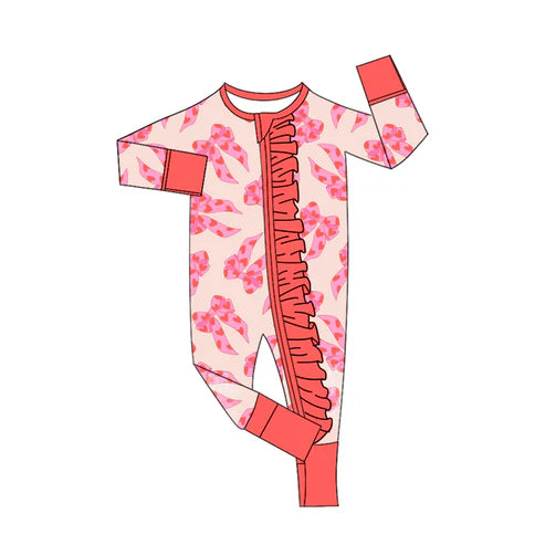 9.18 LR2652 Baby Girls Hearts Bows Valentine Ruffle Zipper Footie Rompers Preorder