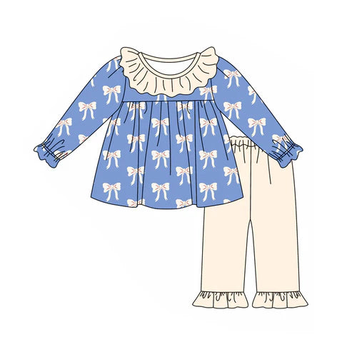 5.26 GLP1972 Baby Girls Blue Bows Ruffle Tunic Pants Outfits Clothes Sets Preorder