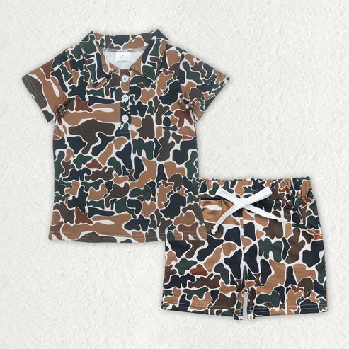 4.25 BT1213+SS0359 Baby Boys Brown Camouflage Button Polo Shirts Top Pockets Shorts Set