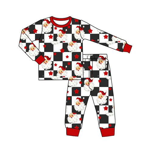 5.20 BLP1068 Baby Boys Long Sleeves Black Plaid Santa Stars Top Pant Pajamas Set Preorder