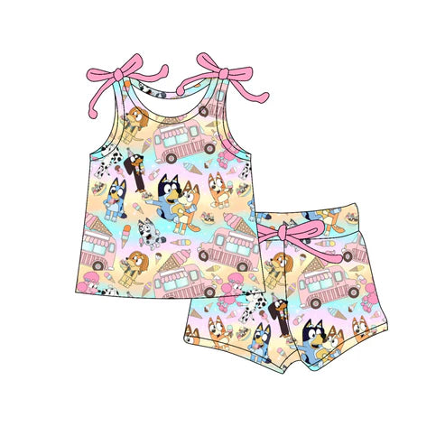 4.23 GSSO2574 Baby Girls Pink Bows Sleeveless Cartoon Dogs Ice Cream Top Short Set Preorder
