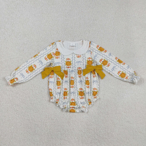 9.17 LR2389 Baby Girls Long Ruffle Sleeves Pumpkins Bows Plaid Romper