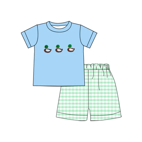 10.21 BSSO1558 Baby Boys Blue Short Sleeve Ducks Top Aqua Checked Shorts Clothes Sets